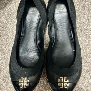Tory Burch Black Flats with Gold Logo